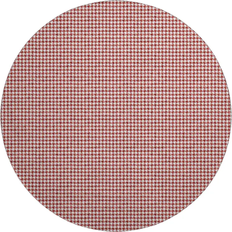 8' Red And White Houndstooth Washable Round Rug With UV Protection