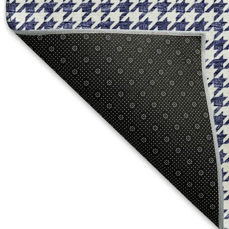 8' X 10' Navy Blue And White Houndstooth Washable Area Rug With UV Protection