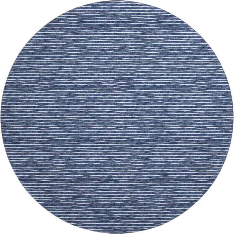 8' Navy Blue And Ivory Striped Washable Round Rug With UV Protection