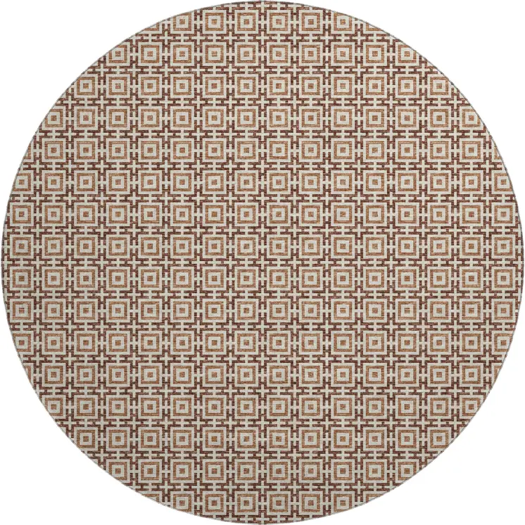 8' Rust And Beige Geometric Washable Round Rug With UV Protection