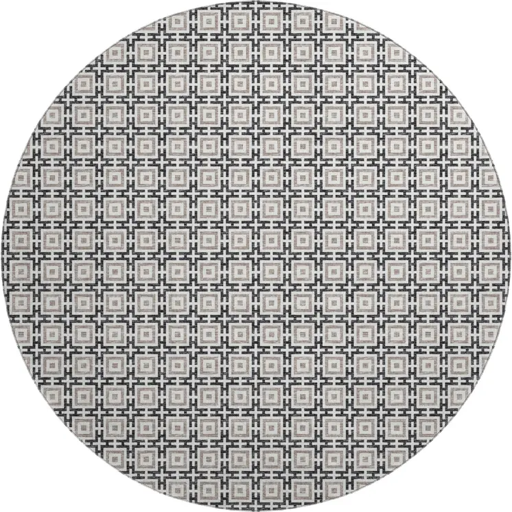 8' Black And Ivory Geometric Washable Round Rug With UV Protection