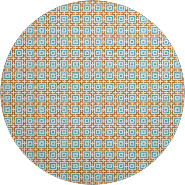 8' Orange And Teal Blue Geometric Washable Round Rug With UV Protection