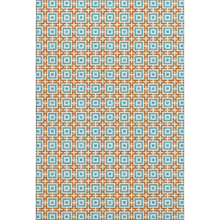 10' X 14' Orange And Teal Blue Geometric Washable Area Rug With UV Protection