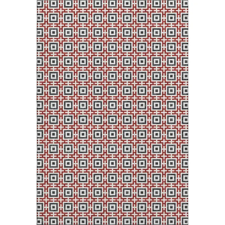 5' X 8' Red Black And Ivory Geometric Washable Area Rug With UV Protection