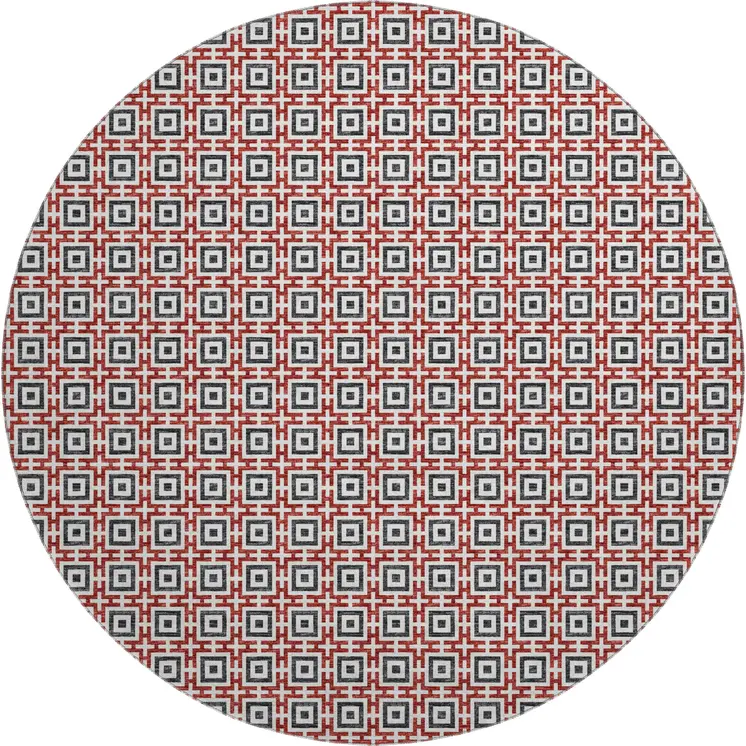8' Red Black And Ivory Geometric Washable Round Rug With UV Protection