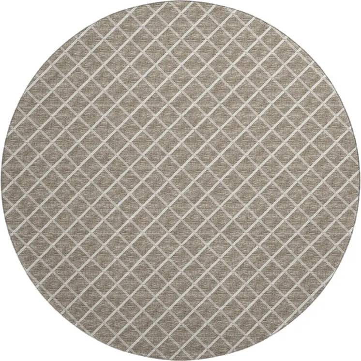 8' Taupe And Ivory Geometric Washable Round Rug With UV Protection