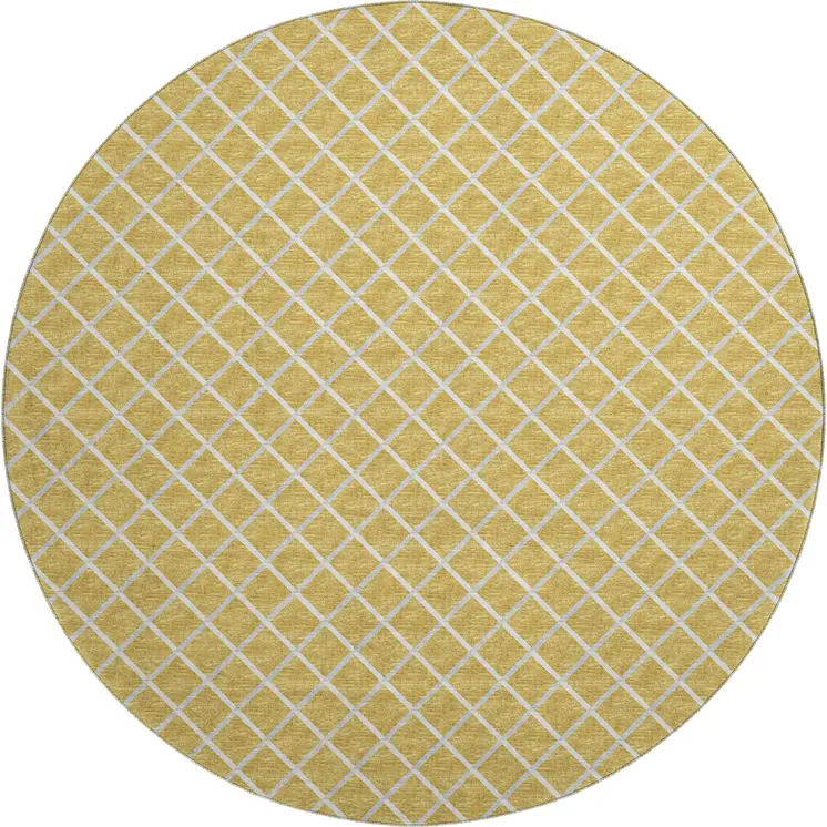 8' Gold And Ivory Geometric Washable Round Rug With UV Protection