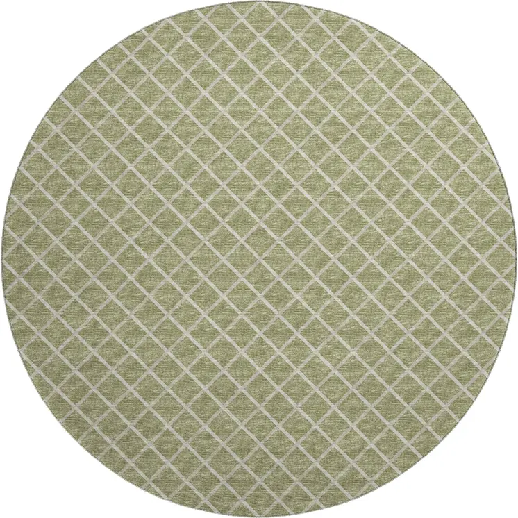 8' Artichoke Green And Ivory Geometric Washable Round Rug With UV Protection