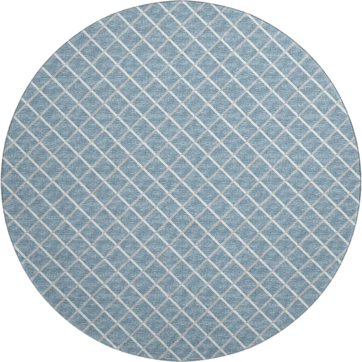 8' Sky Blue And Ivory Geometric Washable Round Rug With UV Protection