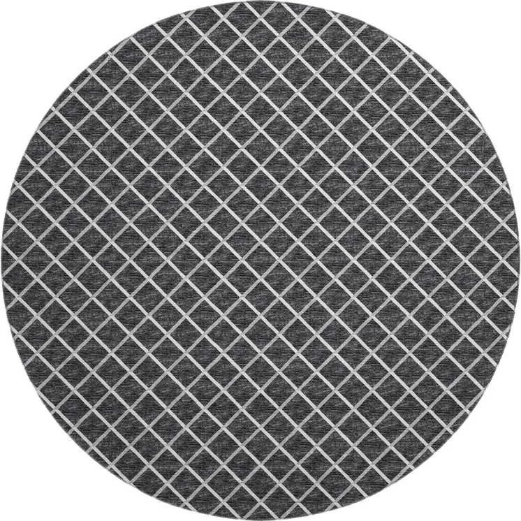 8' Black And Ivory Geometric Washable Round Rug With UV Protection