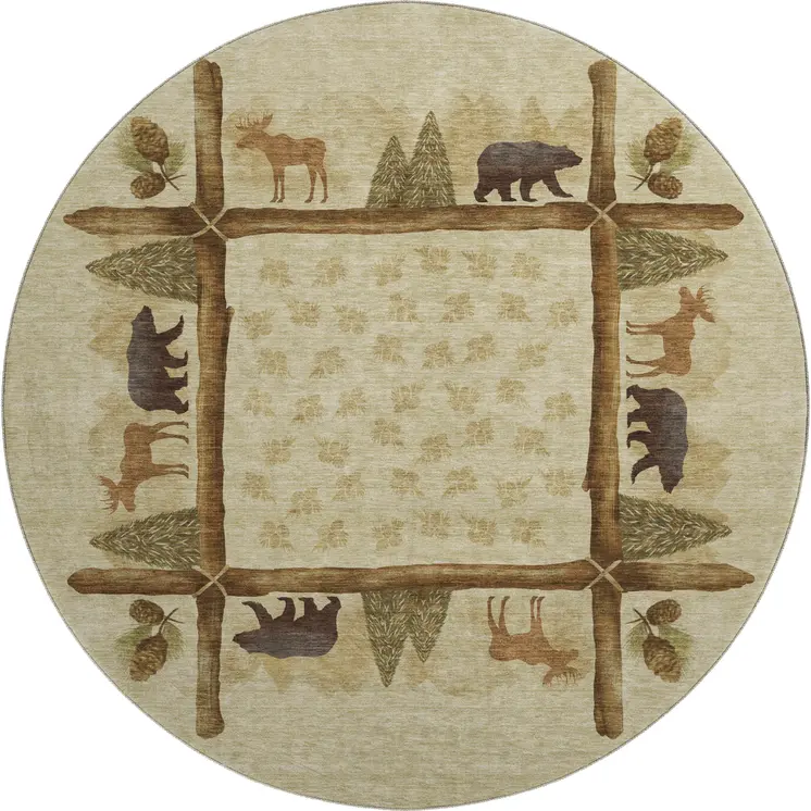 8' Brown Beige And Rust Animal Print Washable Round Rug With UV Protection