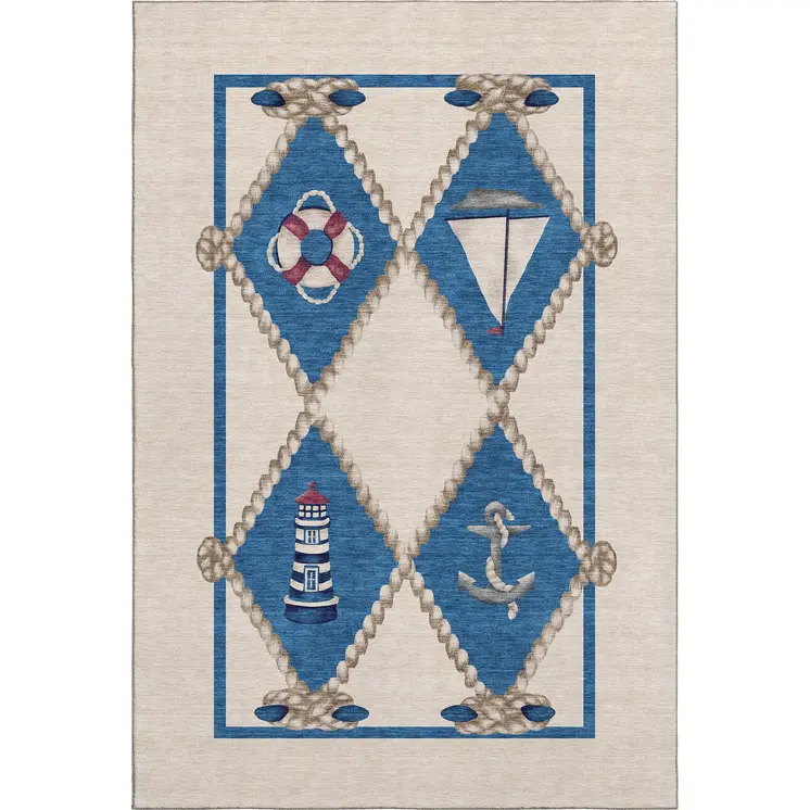 9' X 12' Ivory Blue And Red Nautical Washable Area Rug With UV Protection