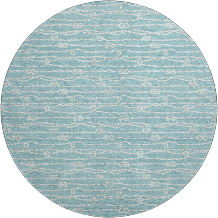 8' Teal Blue And Ivory Nautical Washable Round Rug With UV Protection