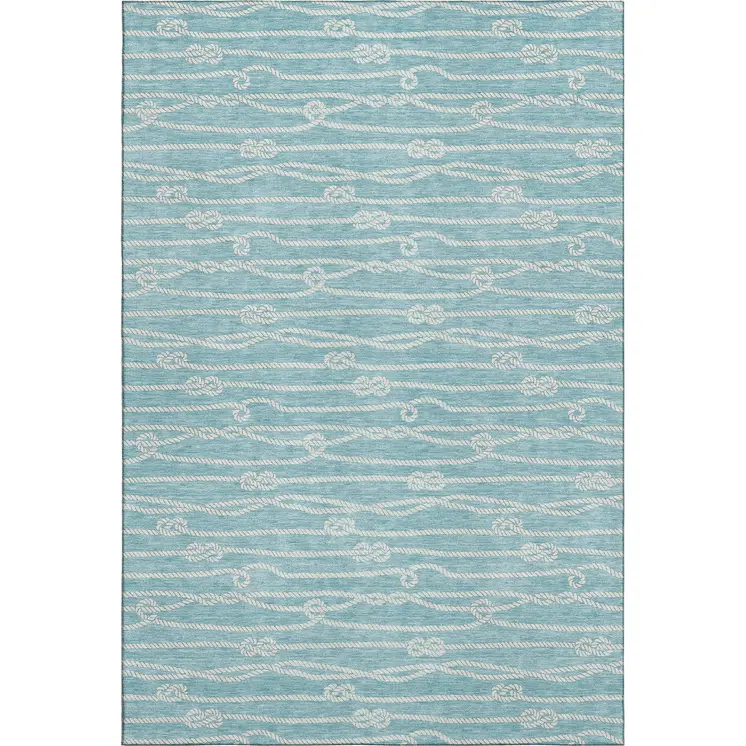 10' X 14' Teal Blue And Ivory Nautical Washable Area Rug With UV Protection
