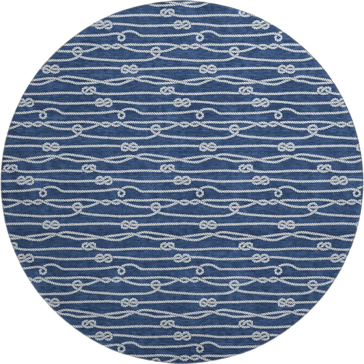 8' Navy Blue And Ivory Nautical Washable Round Rug With UV Protection