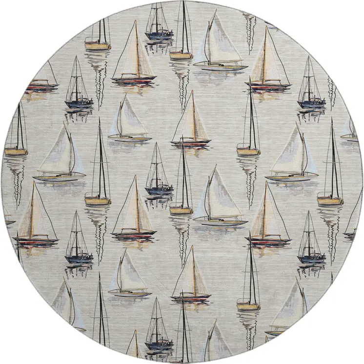 8' Ivory Gold And Black Nautical Washable Round Rug With UV Protection