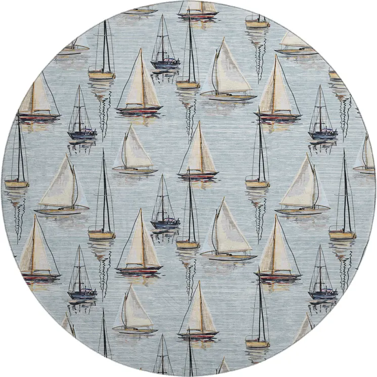 8' Sky Blue Gold And Ivory Nautical Washable Round Rug With UV Protection