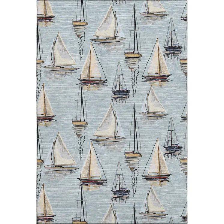 10' X 14' Sky Blue Gold And Ivory Nautical Washable Area Rug With UV Protection