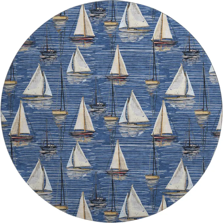 8' Navy Blue Ivory And Gold Nautical Washable Round Rug With UV Protection
