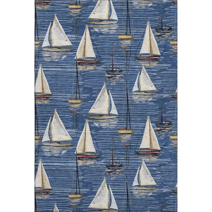 8' X 10' Navy Blue Ivory And Gold Nautical Washable Area Rug With UV Protection