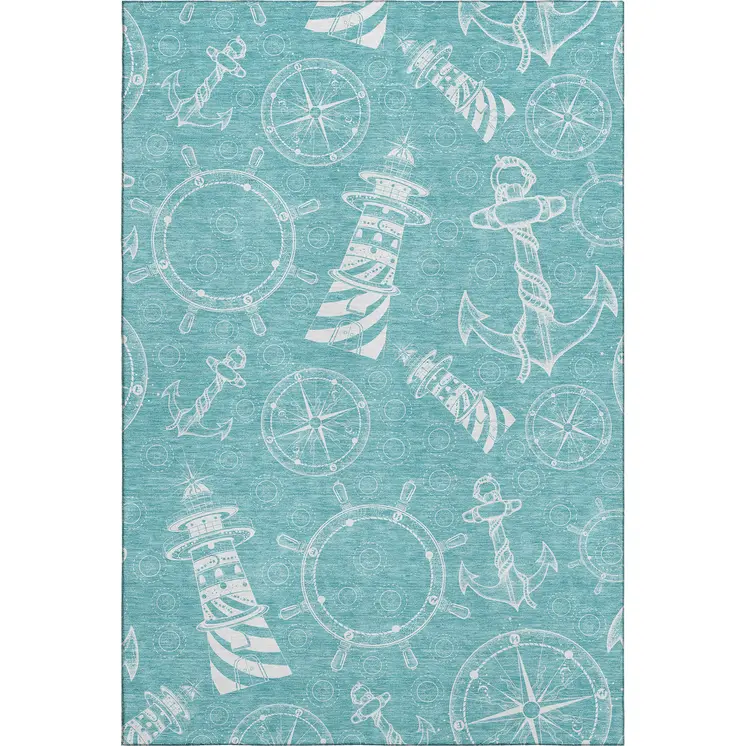 3' X 5' Pacific Blue And Ivory Nautical Washable Area Rug With UV Protection
