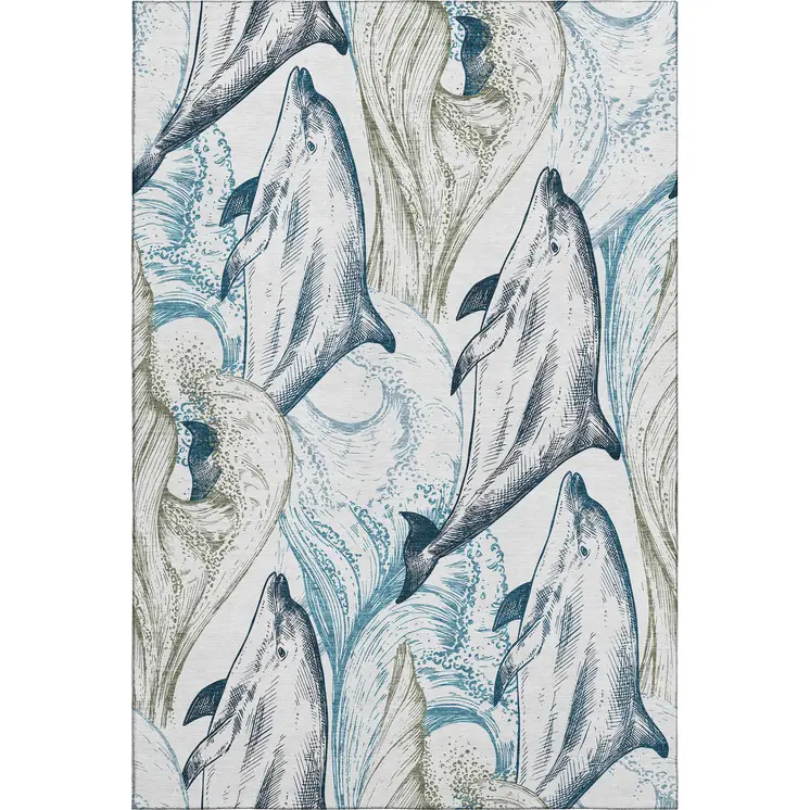 3' X 5' Ivory Denim Blue And Taupe Nautical Washable Area Rug With UV Protection