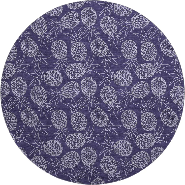 8' Blue And Ivory Botanical Leaves Washable Round Rug With UV Protection