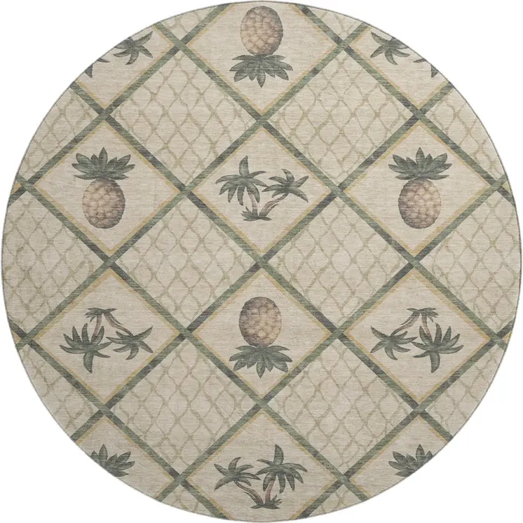 8' Beige Gold And Gray Botanical Leaves Washable Round Rug With UV Protection