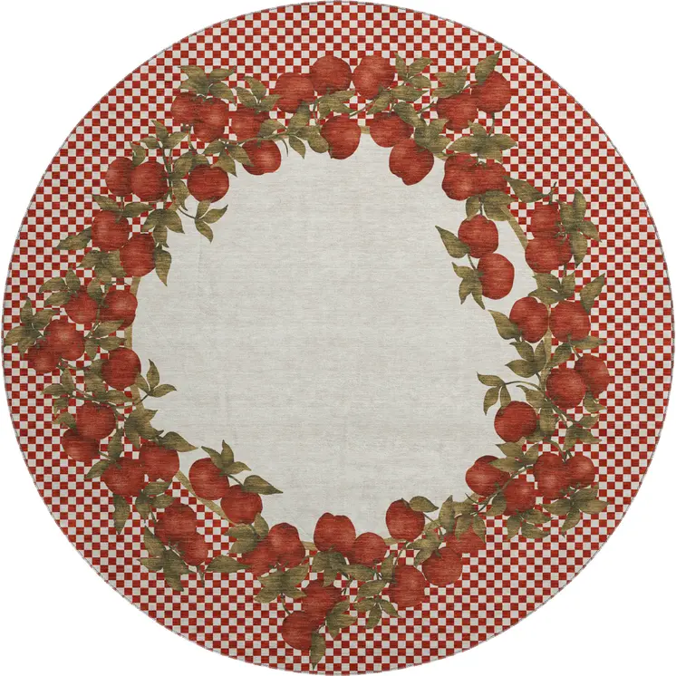 8' Red And Ivory Geometric Washable Round Rug With UV Protection
