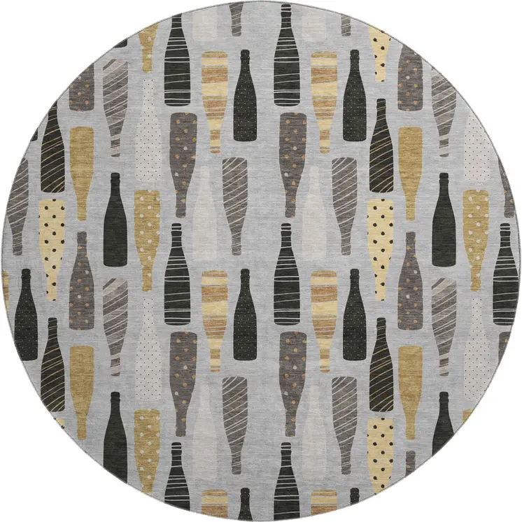 8' Gray Gold And Black Geometric Washable Round Rug With UV Protection