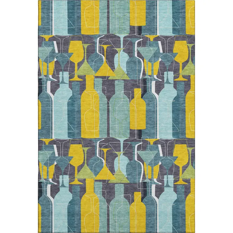 5' X 8' Blue Yellow And Green Geometric Washable Area Rug With UV Protection