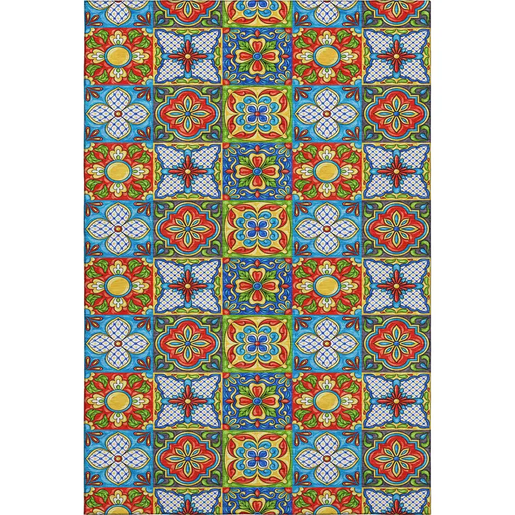 8' X 10' Blue Red Yellow And Green Geometric Washable Area Rug With UV Protection