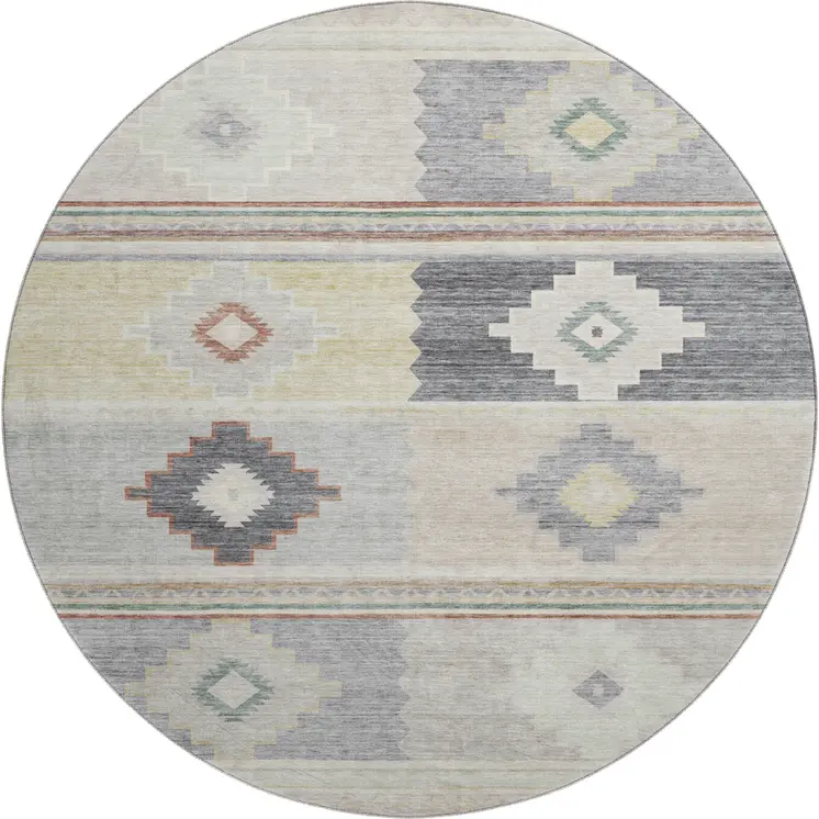 8' Gray Ivory And Beige Geometric Washable Round Rug With UV Protection