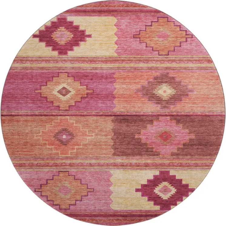 8' Pink Rust And Beige Geometric Washable Round Rug With UV Protection