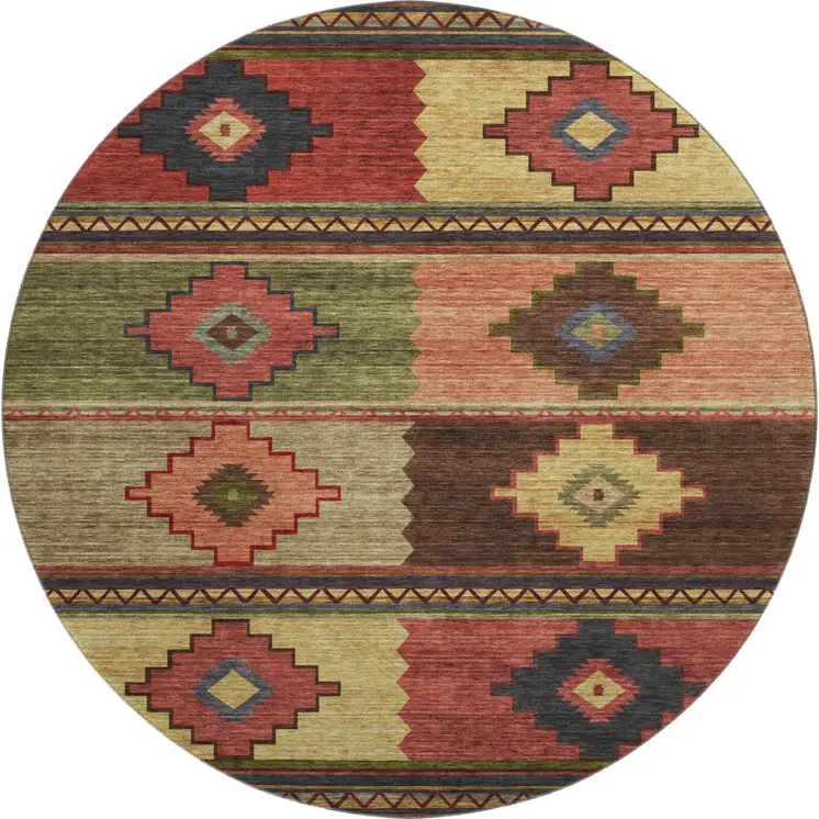 8' Rust Green And Gold Geometric Washable Round Rug With UV Protection