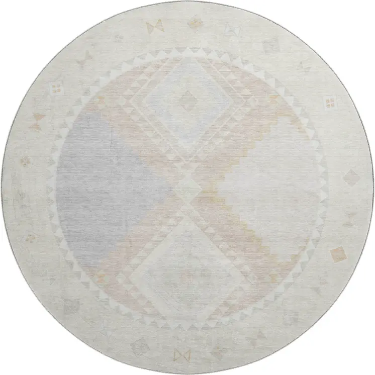 8' Gray And Ivory Geometric Washable Round Rug With UV Protection