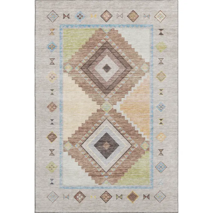 5' X 8' Ivory Brown And Green Geometric Washable Area Rug With UV Protection