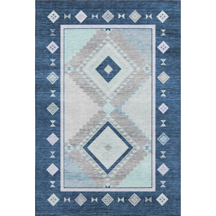 8' X 10' Blue And Ivory Geometric Washable Area Rug With UV Protection