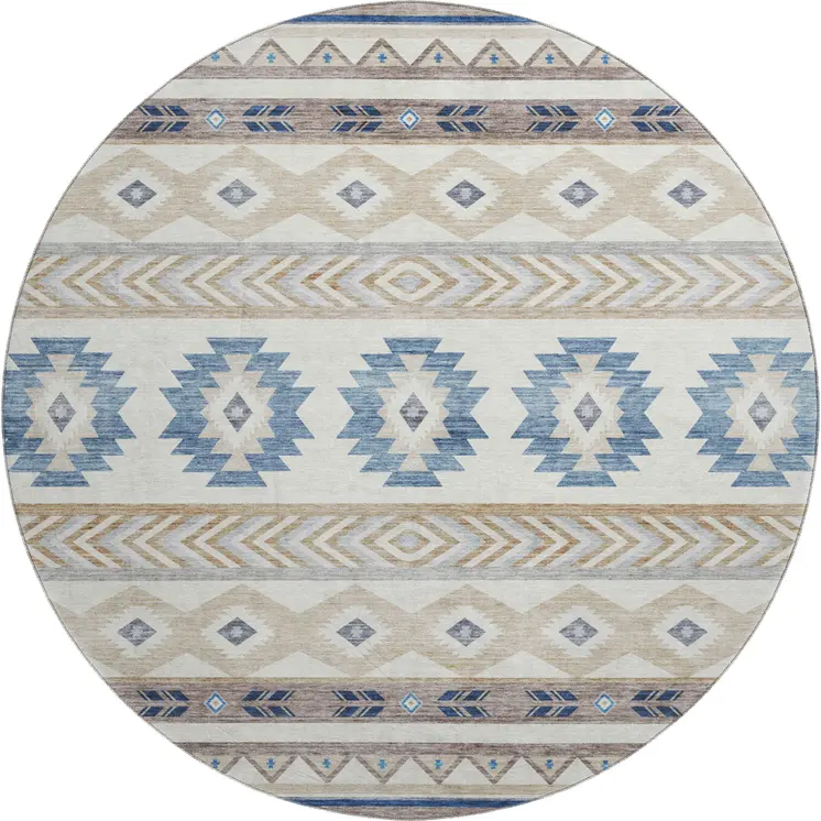 8' Taupe Ivory And Blue Geometric Washable Round Rug With UV Protection