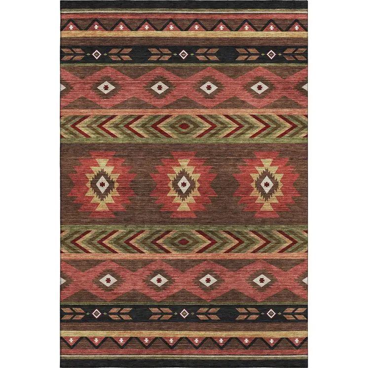 10' X 14' Brown Green And Rust Geometric Washable Area Rug With UV Protection