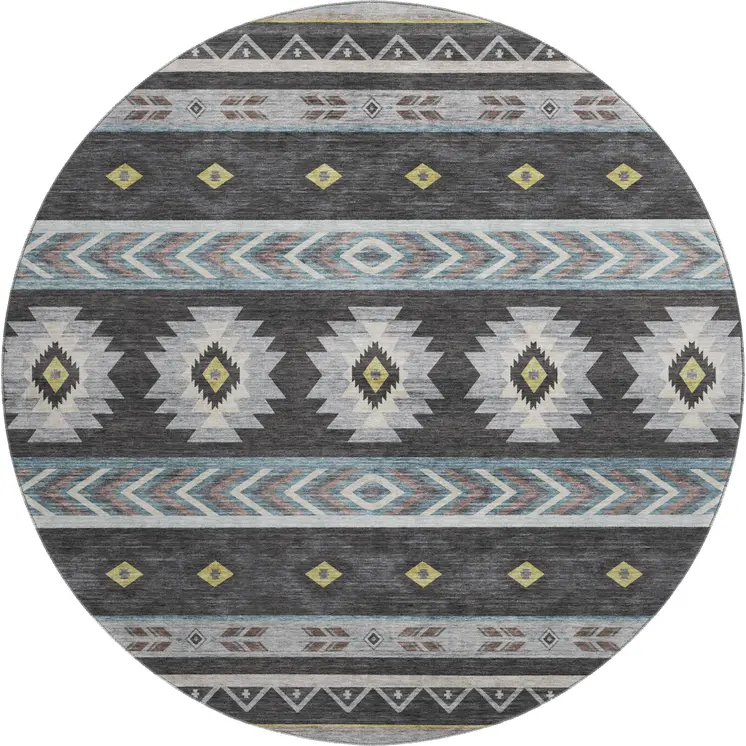 8' Midnight Gold And Ivory Geometric Washable Round Rug With UV Protection