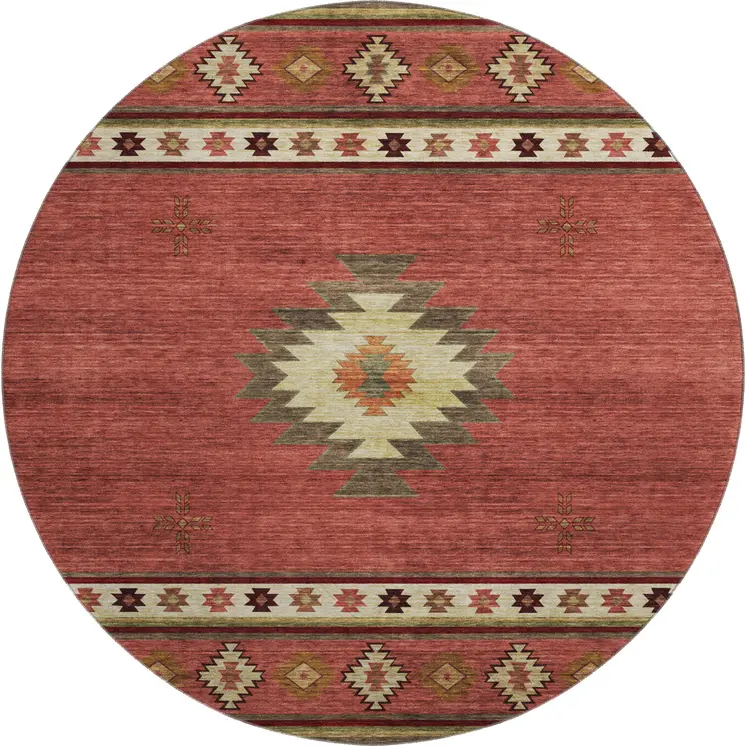 8' Cinnamon Ivory And Beige Geometric Washable Round Rug With UV Protection