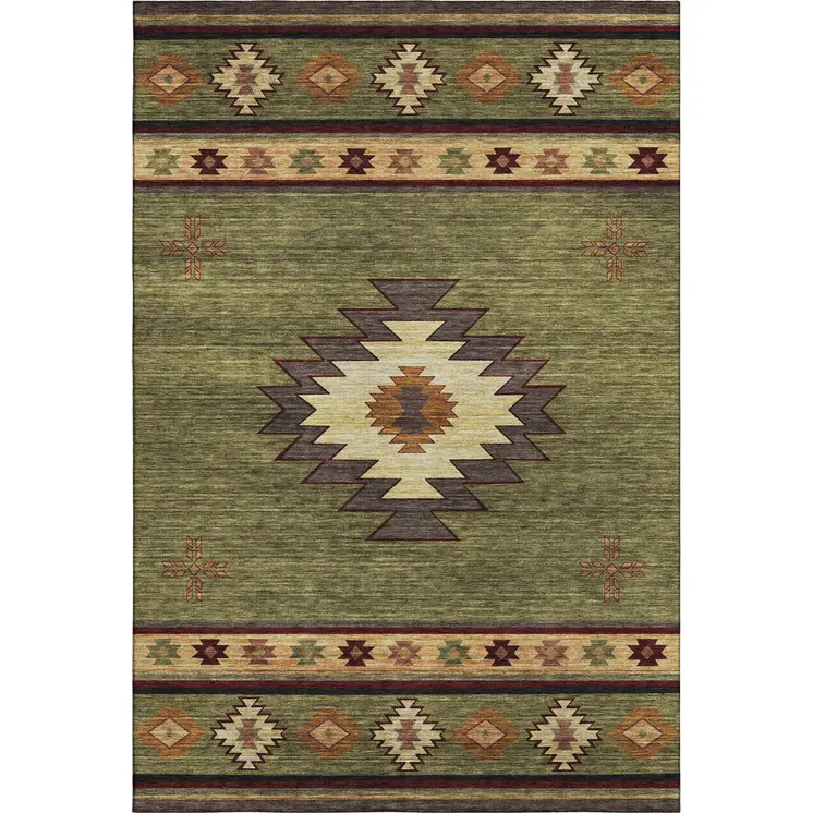 8' X 10' Green Beige And Brown Geometric Washable Area Rug With UV Protection