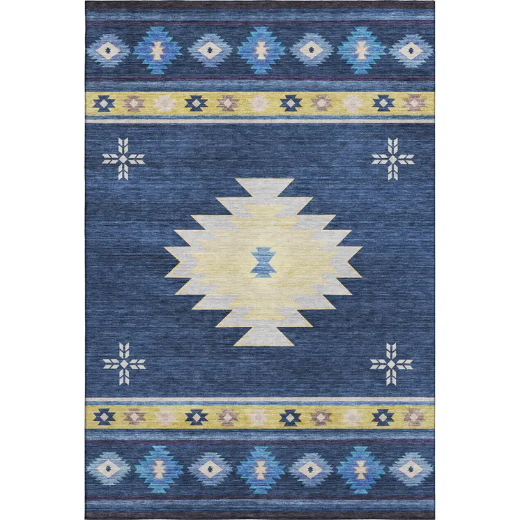 3' X 5' Blue Ivory And Gold Geometric Washable Area Rug With UV Protection