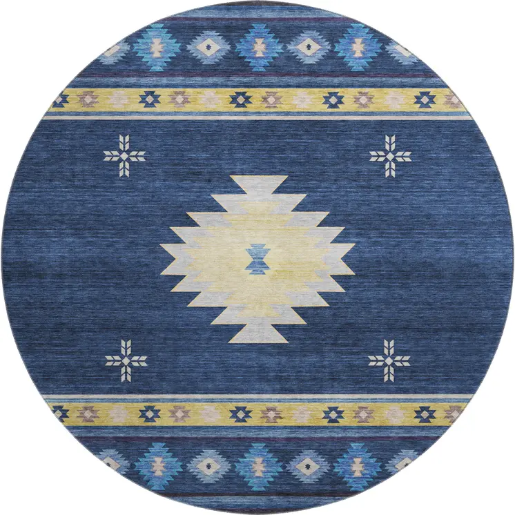 8' Blue Ivory And Gold Geometric Washable Round Rug With UV Protection