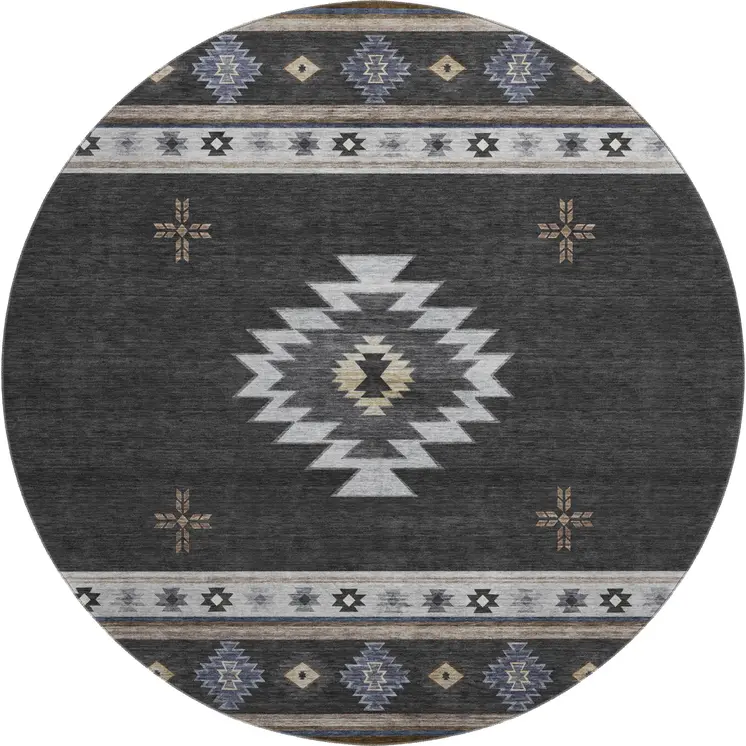 8' Midnight Ivory And Beige Geometric Washable Round Rug With UV Protection