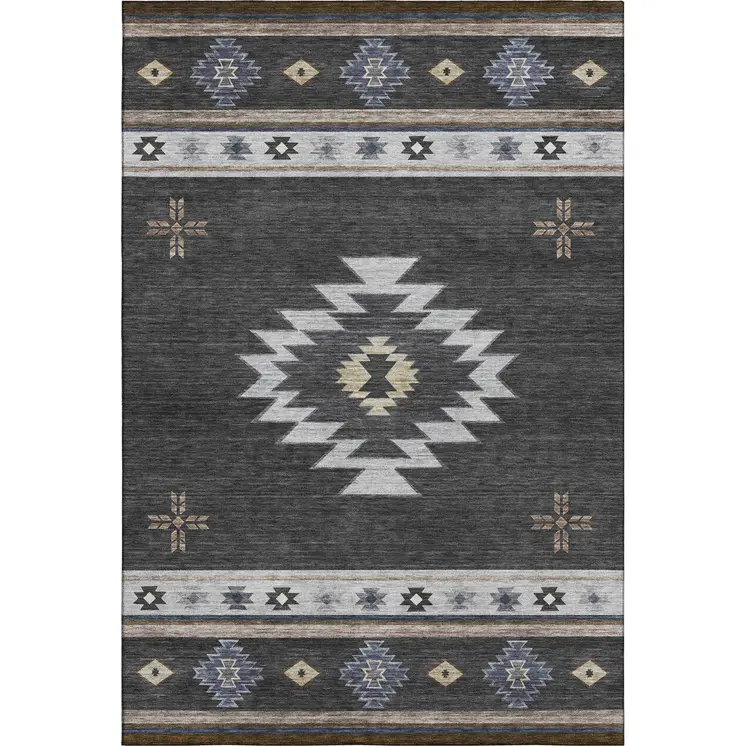 8' X 10' Midnight Ivory And Beige Geometric Washable Area Rug With UV Protection