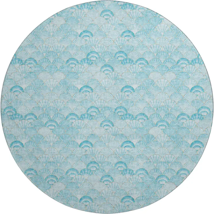 8' Aqua And Ivory Geometric Washable Round Rug With UV Protection