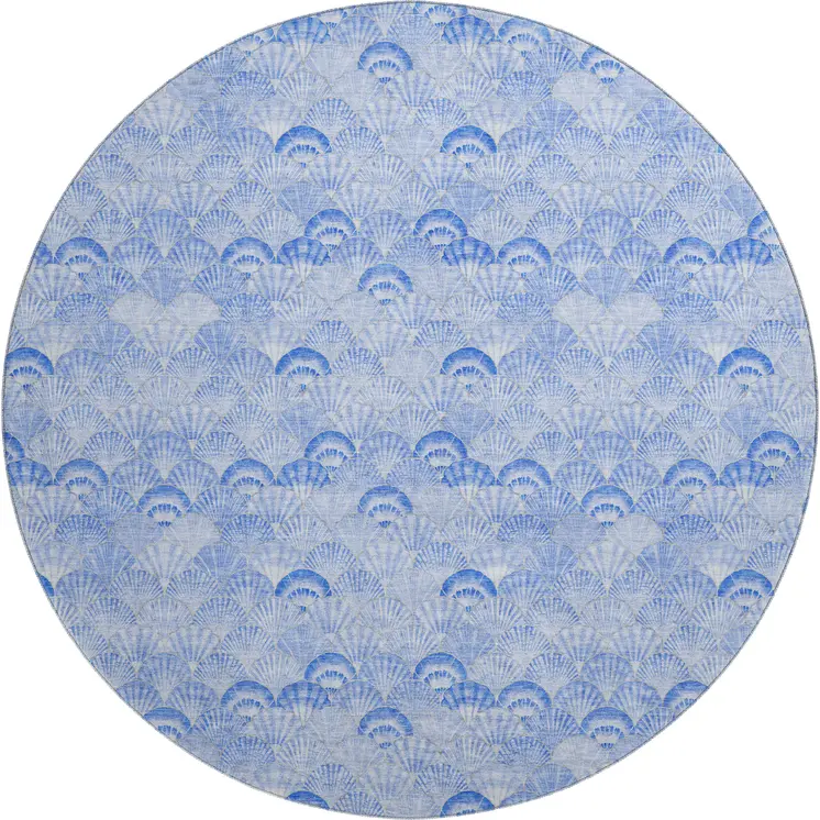 8' Blue And Ivory Geometric Washable Round Rug With UV Protection
