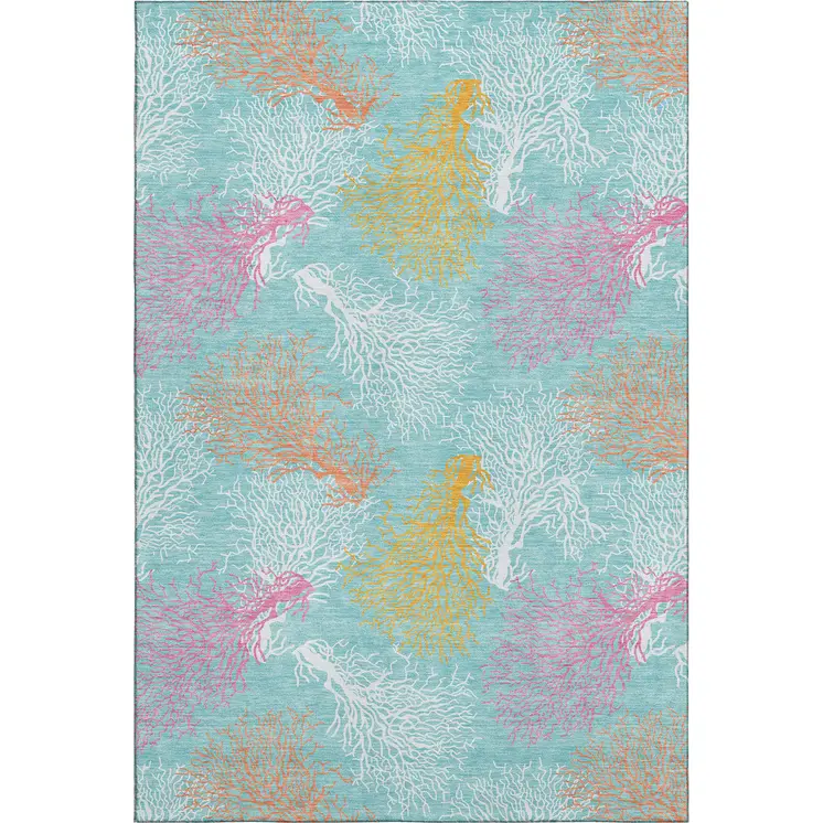 8' X 10' Aqua Orange And Pink Geometric Washable Area Rug With UV Protection